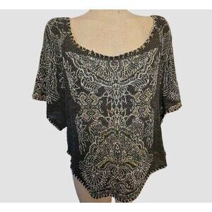 Free People Knit Top Sweater Boho Oversized Medium Grey Cotton Linen Angel Wings